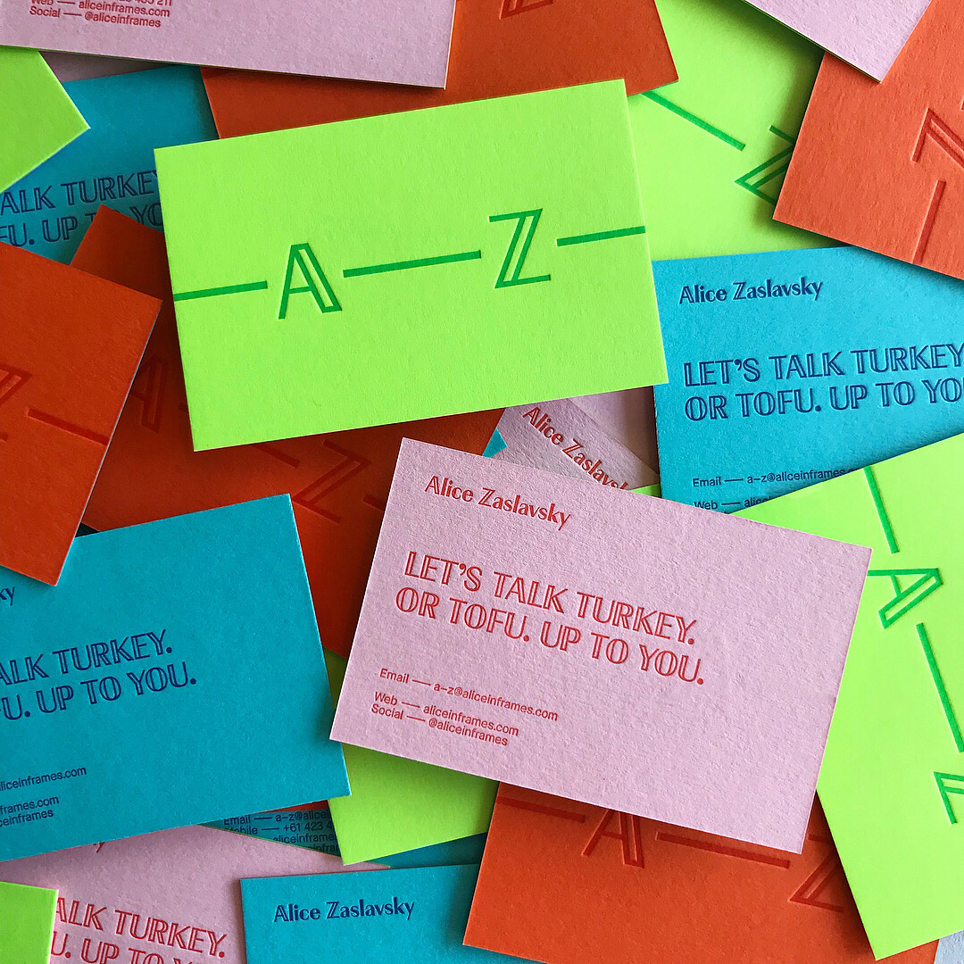 Duplex Letterpress Business Cards for Alice In Frames on Colorplan 4
