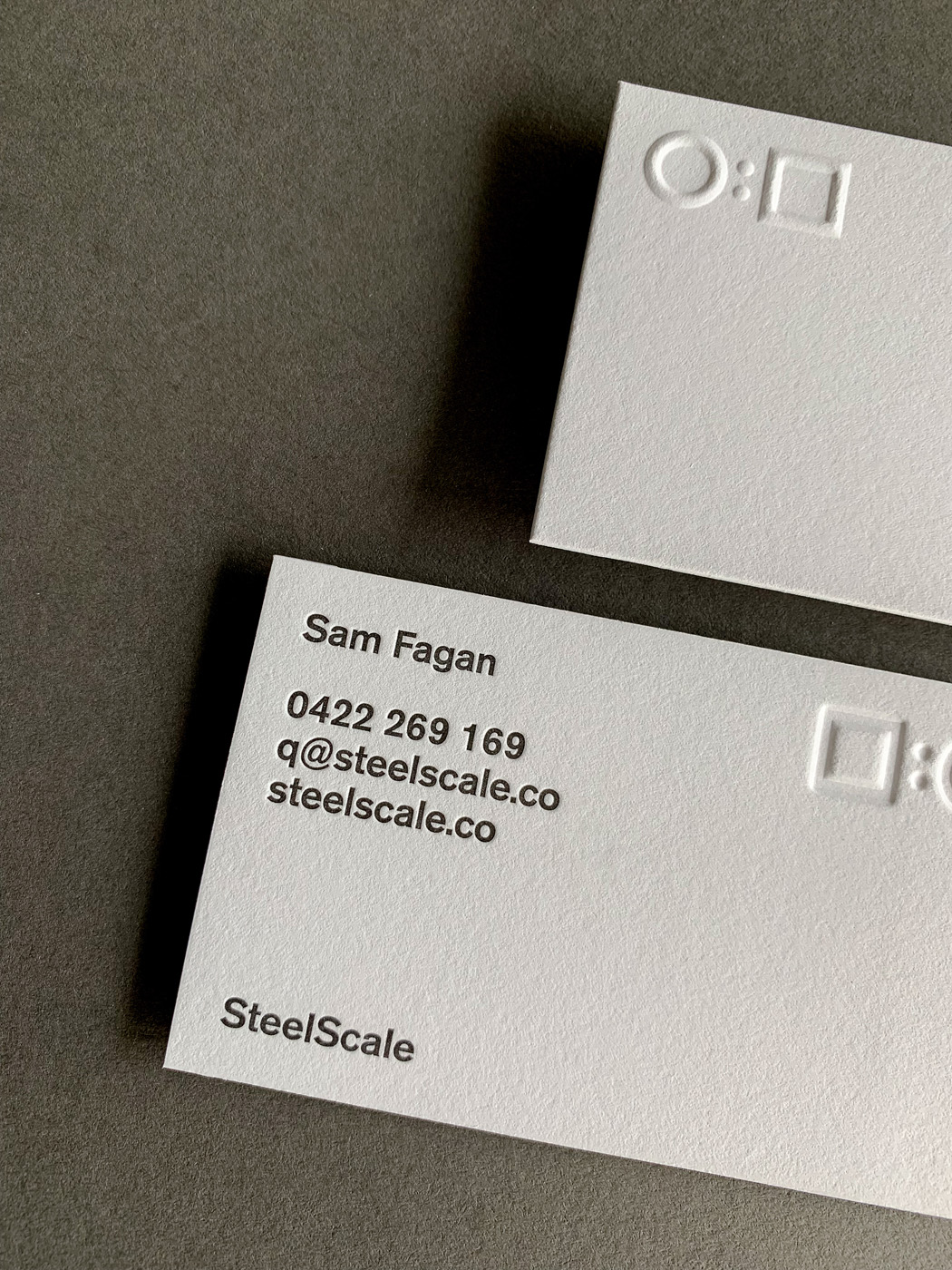 Embossed debossed letterpress business cards for SteelScale on Savoy 3