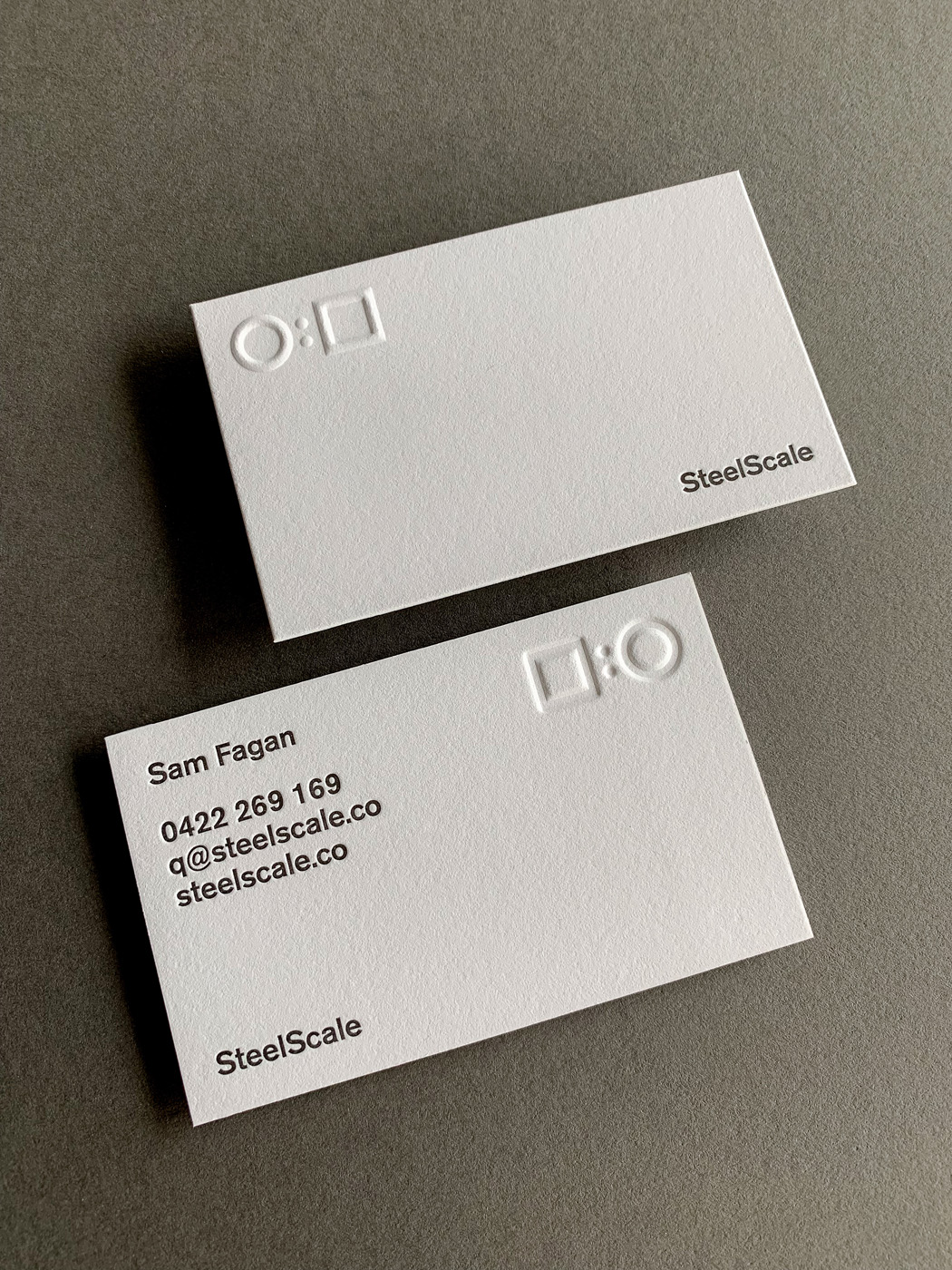 Embossed debossed letterpress business cards for SteelScale on Savoy