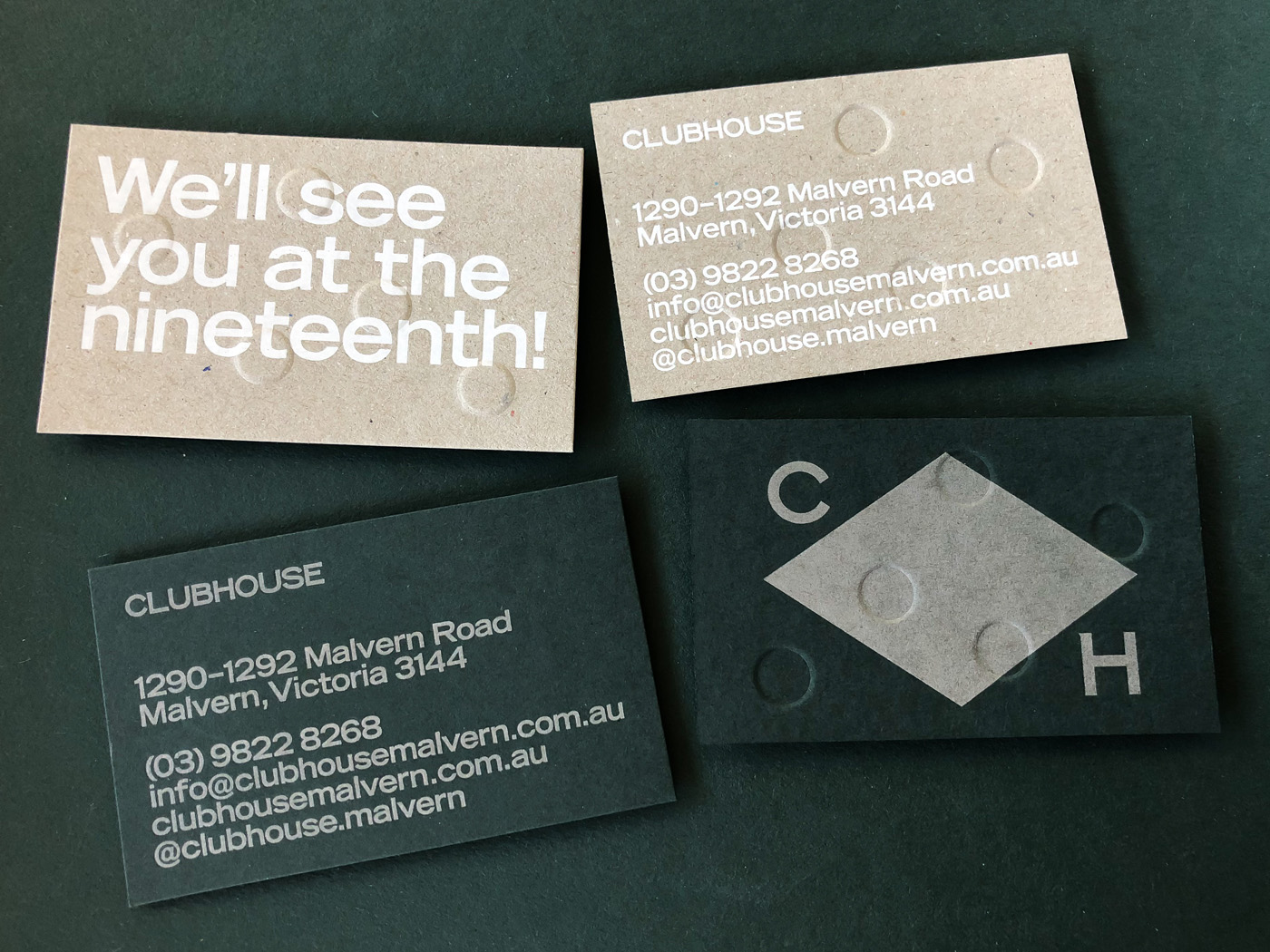 Foil embossed debossed letterpress business cards for Clubhouse on Colorplan and Boxboard