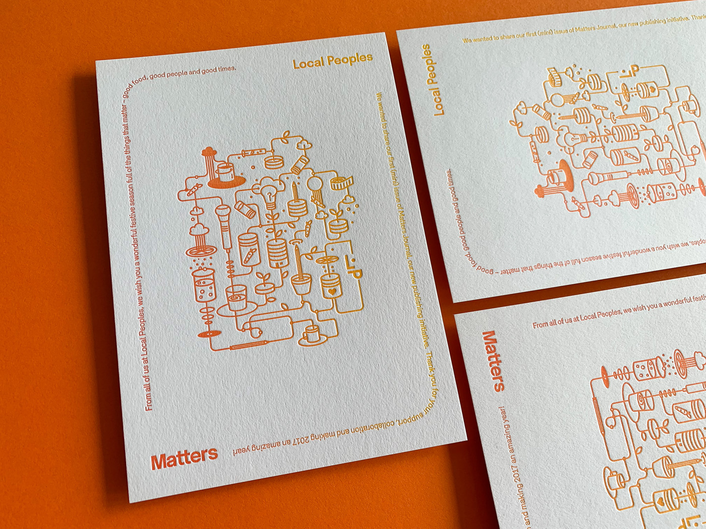 Letterpress printed gradient Christmas cards for Local Peoples on Stephen Gesso White