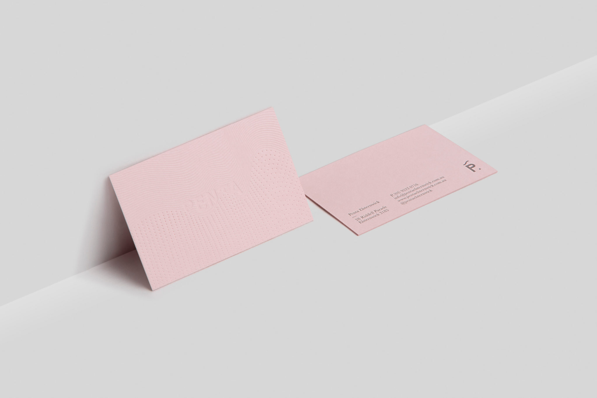 Custom letterpress business cards for Penta on Colorplan Candy Pink 2