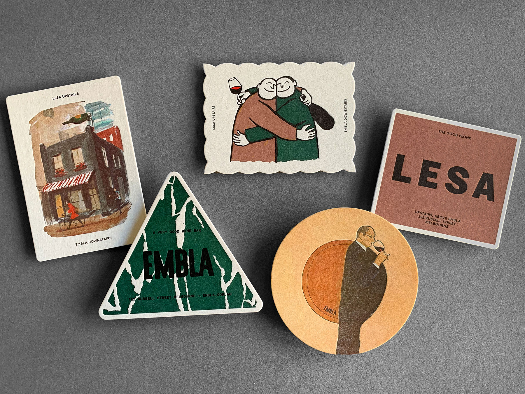 Letterpress coasters for Embla Lesa and A Friend of Mine on Beer Matt Board 390gsm